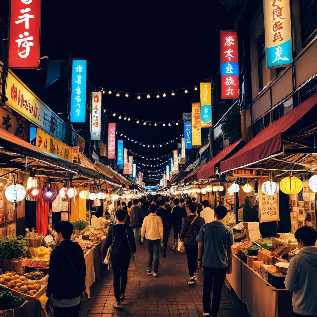 A colorful and vibrant scene depicting a lively street market themed around adult entertainment, filled with various stalls selling anime-inspired merchandise and collectibles. The background should feature neon signs and art showcasing popular hentai characters, with a diverse crowd enjoying the atmosphere. Emphasize a sense of community and exploration, with playful elements scattered throughout. super-realistic. vibrant colors. night scene.