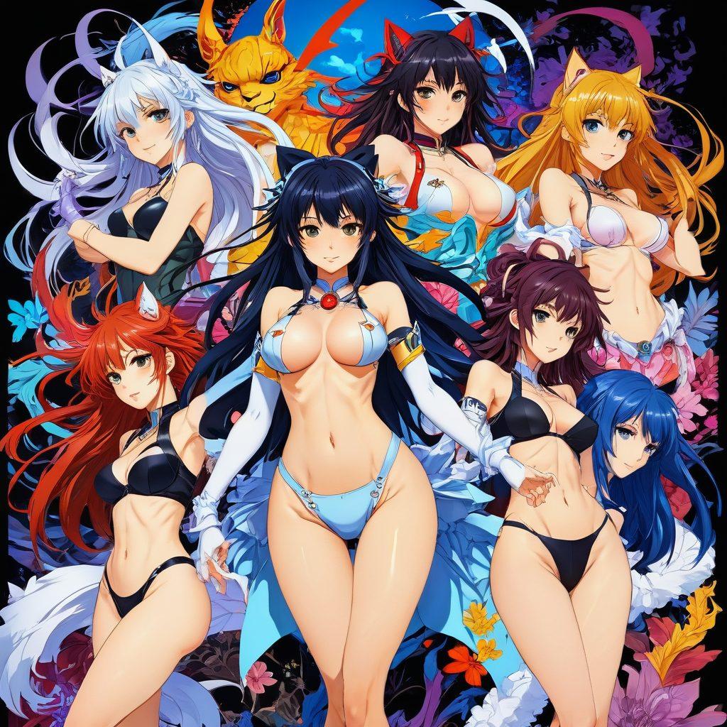 A vibrant collage showcasing iconic elements of hentai and erotic anime art, with dynamic characters in playful poses, surrounded by imaginative backgrounds that reflect fantasy realms. Include traditional and modern anime styles intermixed, with a focus on bold colors and intricate details. The composition should evoke a sense of adventure and allure, enticing viewers into this unique realm. dynamic composition. vibrant colors. super-realistic.
